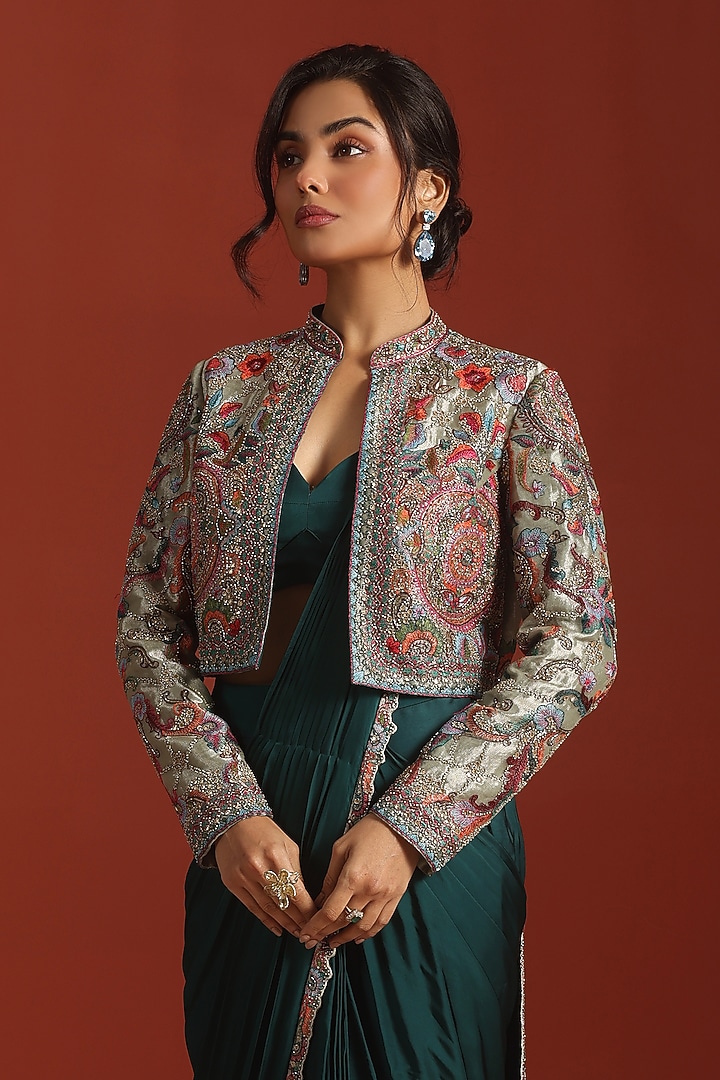 Green Bemberg Silk Thread Embroidered Jacket Draped Wedding Saree Set by Rishi & Soujit at Pernia's Pop Up Shop