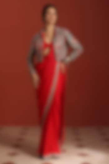 Red Bemberg Silk Thread Embroidered Jacket Draped Wedding Saree Set by Rishi & Soujit at Pernia's Pop Up Shop