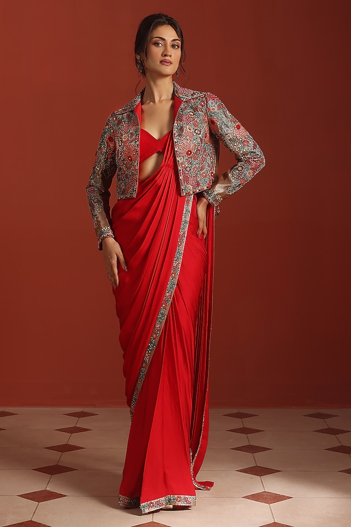 Red Bemberg Silk Thread Embroidered Jacket Draped Wedding Saree Set by Rishi & Soujit at Pernia's Pop Up Shop