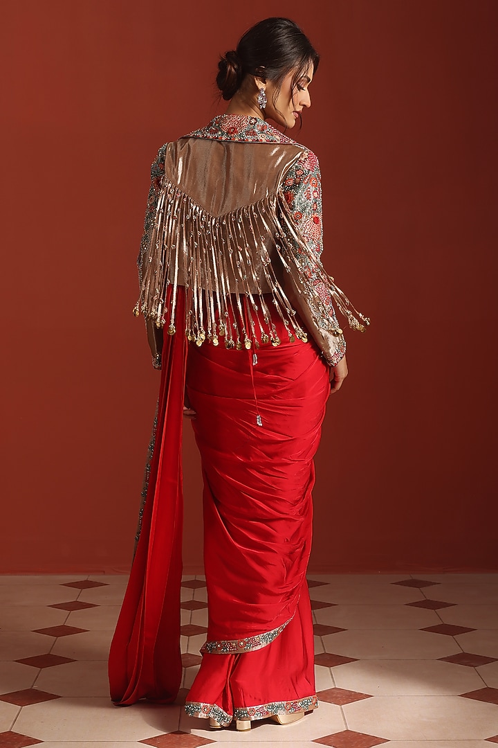 Red Bemberg Silk Thread Embroidered Jacket Draped Wedding Saree Set by Rishi & Soujit at Pernia's Pop Up Shop