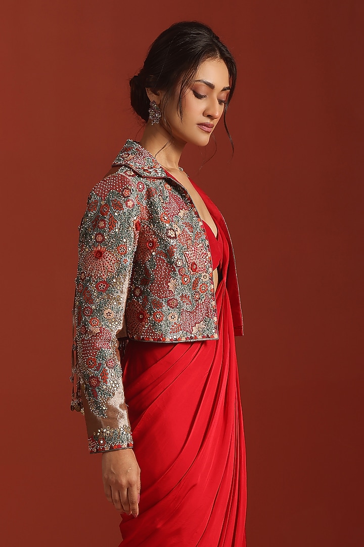Red Bemberg Silk Thread Embroidered Jacket Draped Wedding Saree Set by Rishi & Soujit at Pernia's Pop Up Shop