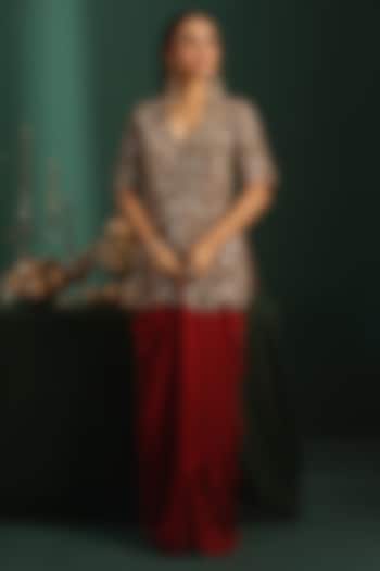 Maroon Tissue & Bemberg Satin Cutdana Embroidered Draped Skirt Set by Rishi & Soujit at Pernia's Pop Up Shop