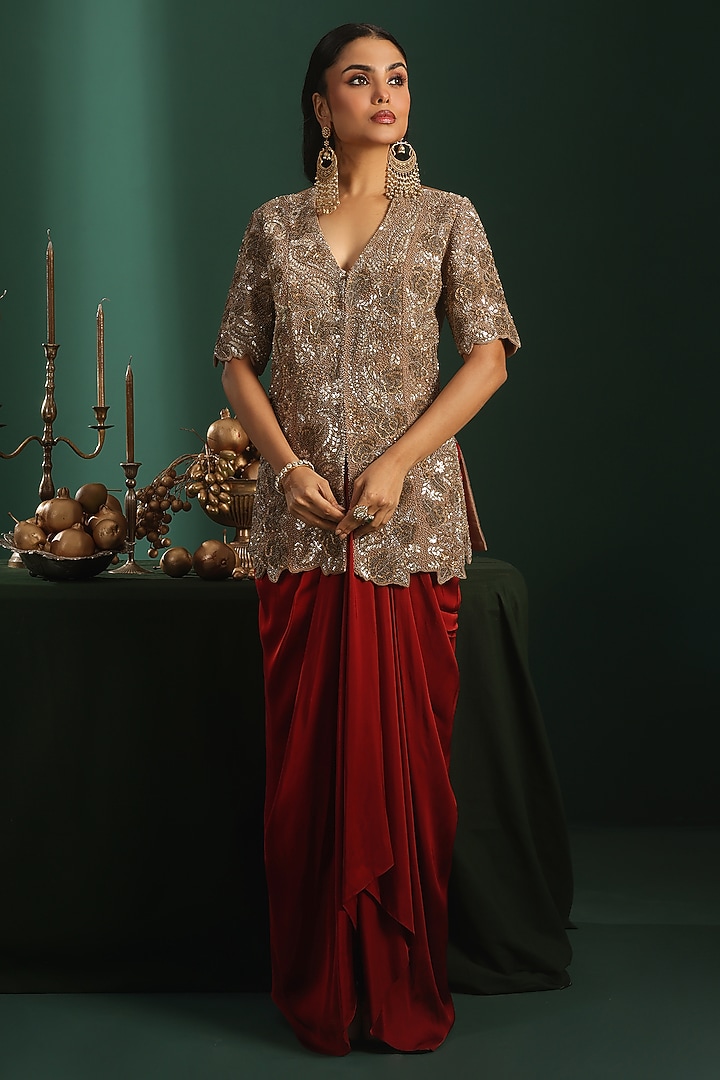 Maroon Tissue & Bemberg Satin Cutdana Embroidered Draped Skirt Set by Rishi & Soujit at Pernia's Pop Up Shop