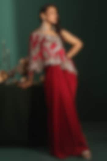 Maroon Bemberg Satin Cutdana Embroidered Draped Skirt Set by Rishi & Soujit at Pernia's Pop Up Shop