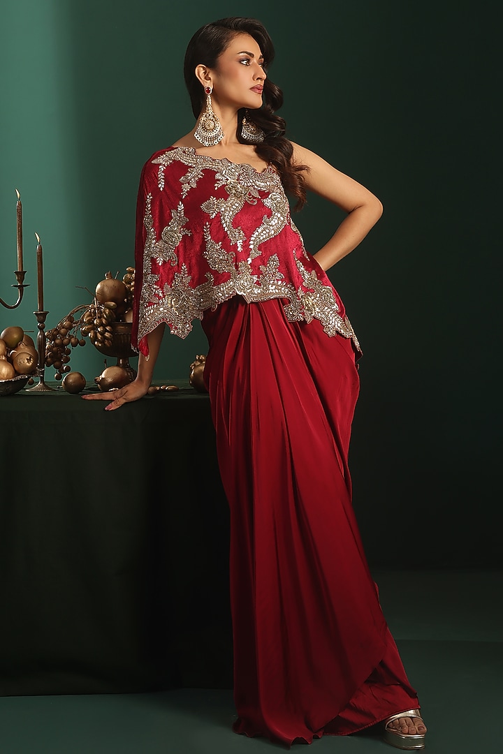 Maroon Bemberg Satin Cutdana Embroidered Draped Skirt Set by Rishi & Soujit at Pernia's Pop Up Shop