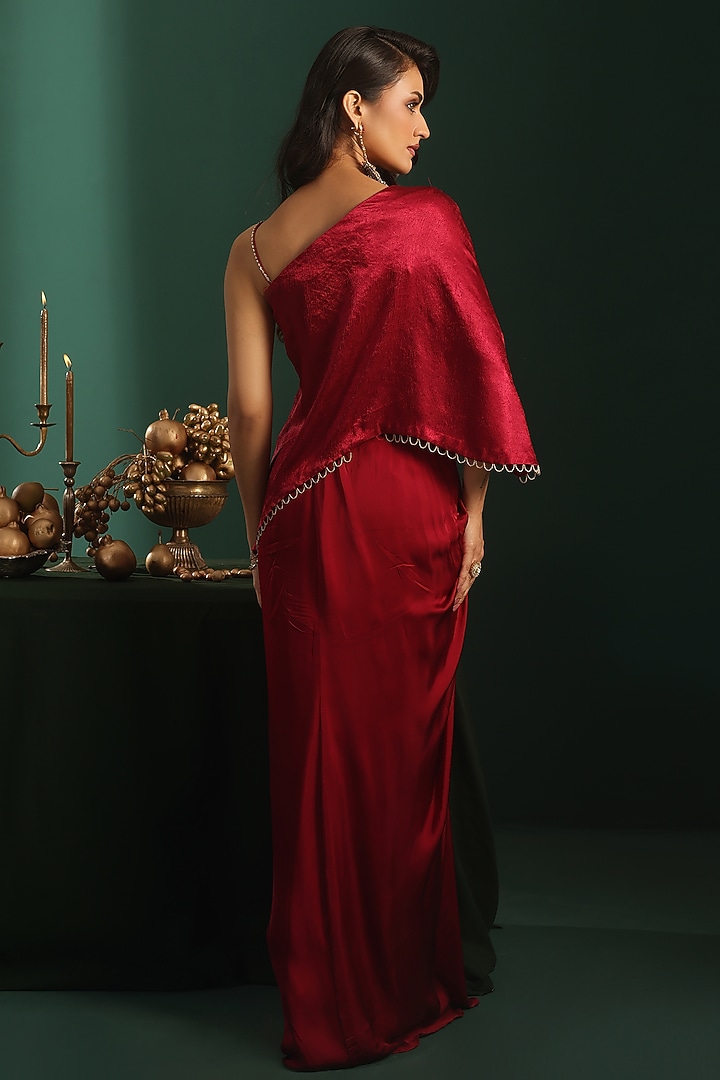 Maroon Bemberg Satin Cutdana Embroidered Draped Skirt Set by Rishi & Soujit at Pernia's Pop Up Shop