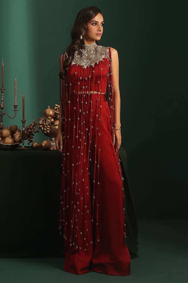 Maroon Bemberg Satin Cutdana Embroidered Flared Pants Set by Rishi & Soujit at Pernia's Pop Up Shop