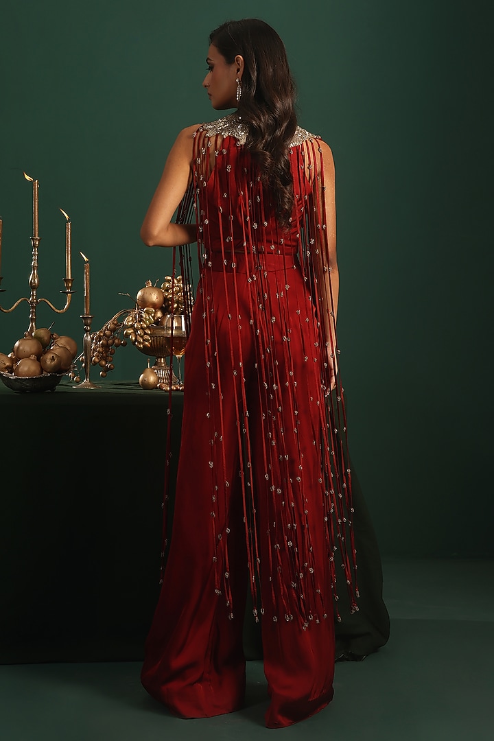 Maroon Bemberg Satin Cutdana Embroidered Flared Pants Set by Rishi & Soujit at Pernia's Pop Up Shop