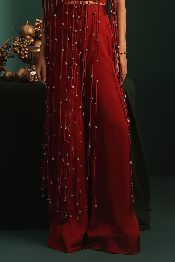 Maroon Bemberg Satin Cutdana Embroidered Flared Pants Set by Rishi & Soujit at Pernia's Pop Up Shop