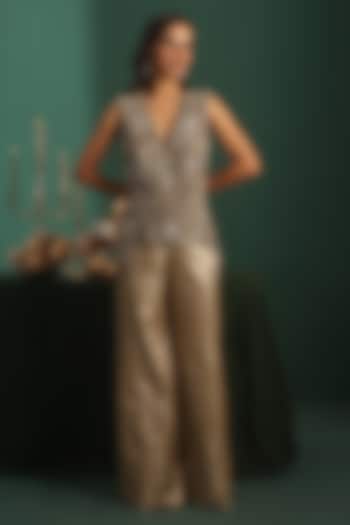 Gold Tissue & Banarasi Silk Cutdana Embroidered Flared Pants Set by Rishi & Soujit at Pernia's Pop Up Shop