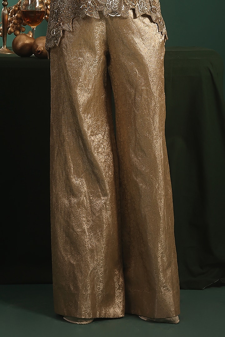 Gold Tissue & Banarasi Silk Cutdana Embroidered Flared Pants Set by Rishi & Soujit at Pernia's Pop Up Shop