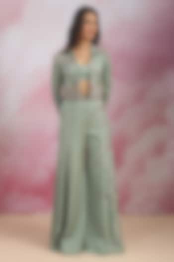 Sea Green Jacquard Sequins Embroidered Flared Pant Set by Rishi & Soujit at Pernia's Pop Up Shop
