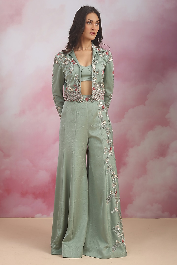 Sea Green Jacquard Sequins Embroidered Flared Pant Set by Rishi & Soujit at Pernia's Pop Up Shop