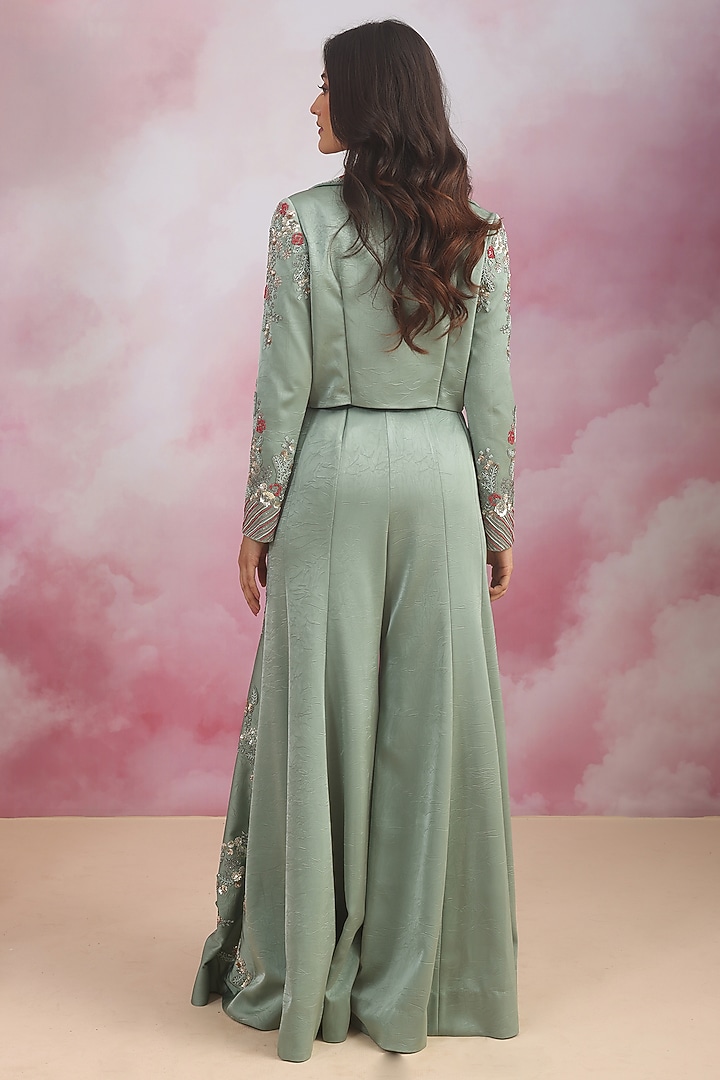Sea Green Jacquard Sequins Embroidered Flared Pant Set by Rishi & Soujit at Pernia's Pop Up Shop