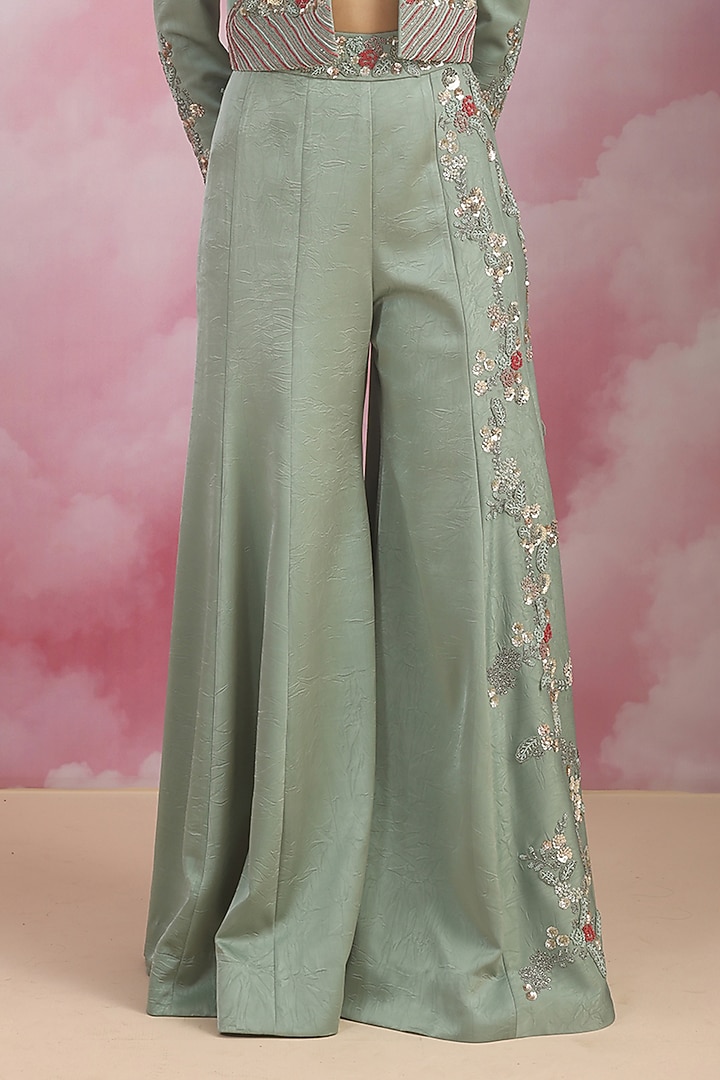 Sea Green Jacquard Sequins Embroidered Flared Pant Set by Rishi & Soujit at Pernia's Pop Up Shop