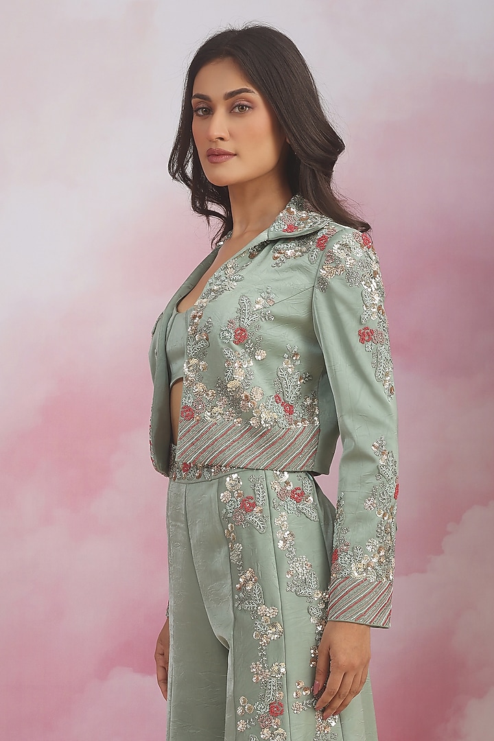 Sea Green Jacquard Sequins Embroidered Flared Pant Set by Rishi & Soujit at Pernia's Pop Up Shop