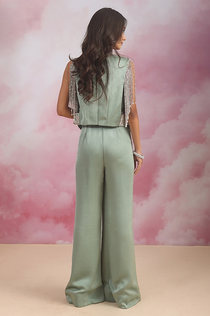 Sea Green Jacquard Sequins Embroidered Flared Pant Set by Rishi & Soujit at Pernia's Pop Up Shop
