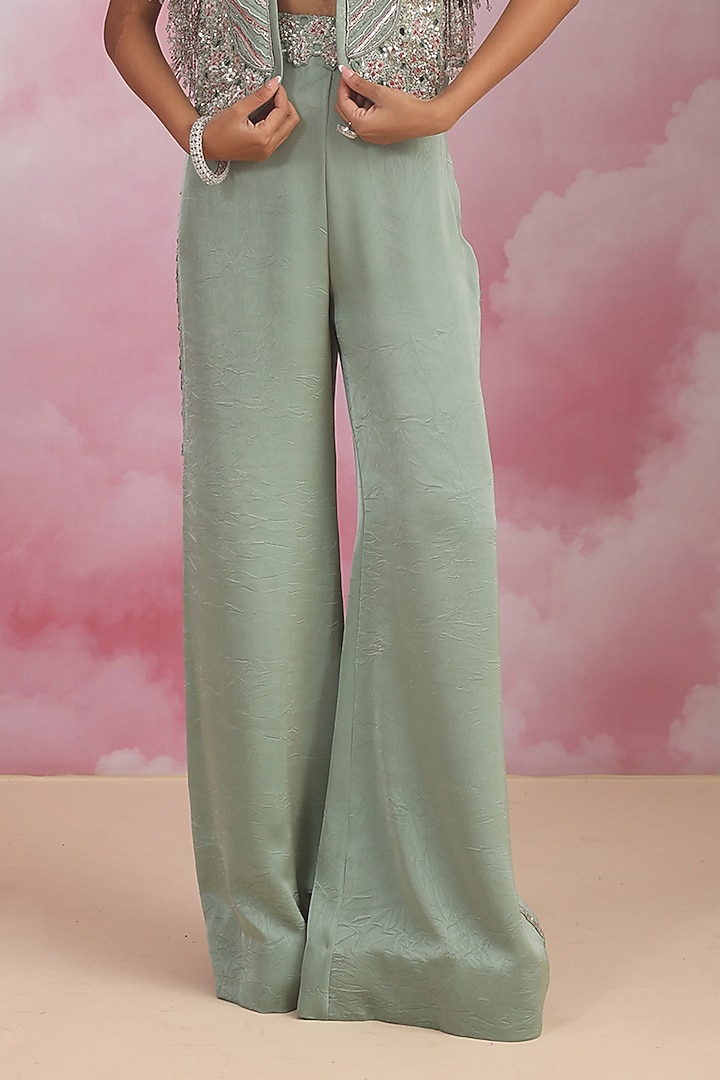 Sea Green Jacquard Sequins Embroidered Flared Pant Set by Rishi & Soujit at Pernia's Pop Up Shop