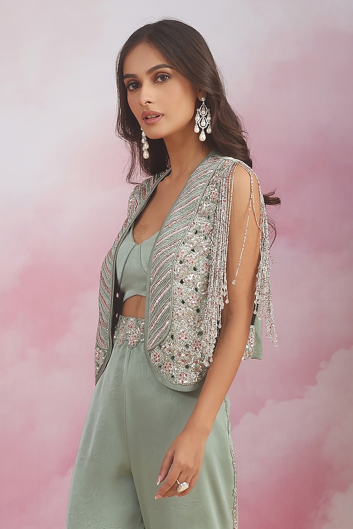 Sea Green Jacquard Sequins Embroidered Flared Pant Set by Rishi & Soujit at Pernia's Pop Up Shop