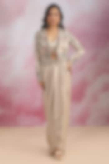 Grey Jacquard Sequins Embroidered Draped Skirt Set by Rishi & Soujit at Pernia's Pop Up Shop