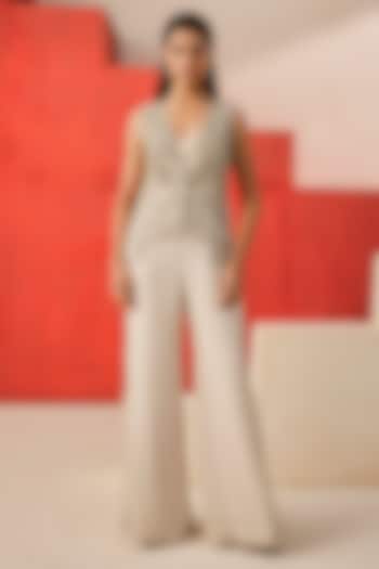 Ivory Crepe Cutdana Embroidered Flared Pant Set by Rishi & Soujit at Pernia's Pop Up Shop