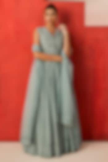 Dusky Blue Crepe Cutdana Embellished Pleated Wedding Lehenga Set by Rishi & Soujit at Pernia's Pop Up Shop