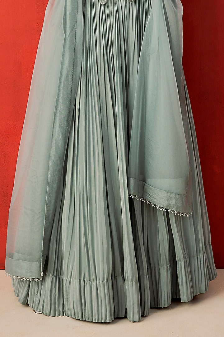 Dusky Blue Crepe Cutdana Embellished Pleated Wedding Lehenga Set by Rishi & Soujit at Pernia's Pop Up Shop