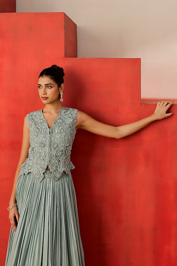 Dusky Blue Crepe Cutdana Embellished Pleated Wedding Lehenga Set by Rishi & Soujit at Pernia's Pop Up Shop