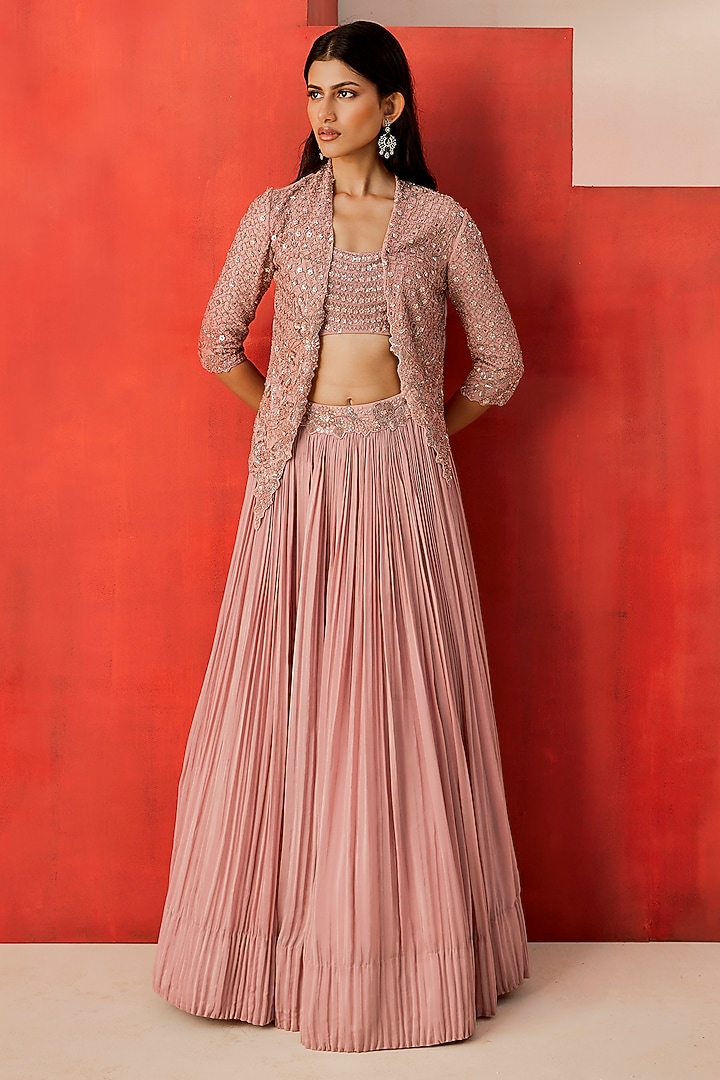 Dusky Pink Crepe Sequins Embellished Jacket Wedding Lehenga Set by Rishi & Soujit at Pernia's Pop Up Shop