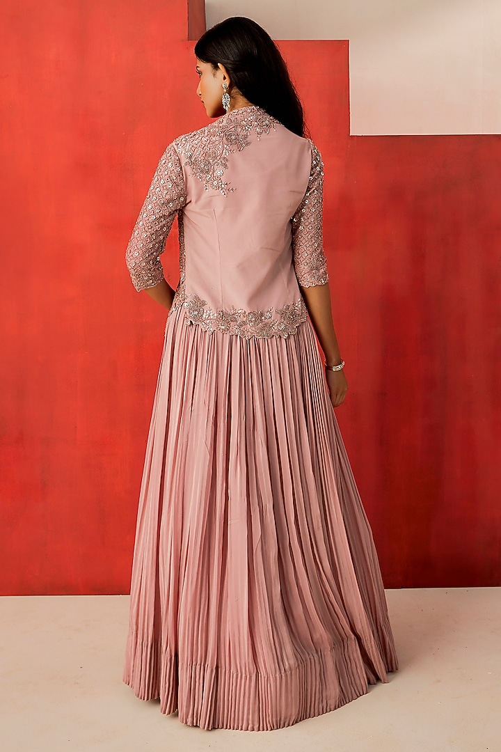 Dusky Pink Crepe Sequins Embellished Jacket Wedding Lehenga Set by Rishi & Soujit at Pernia's Pop Up Shop