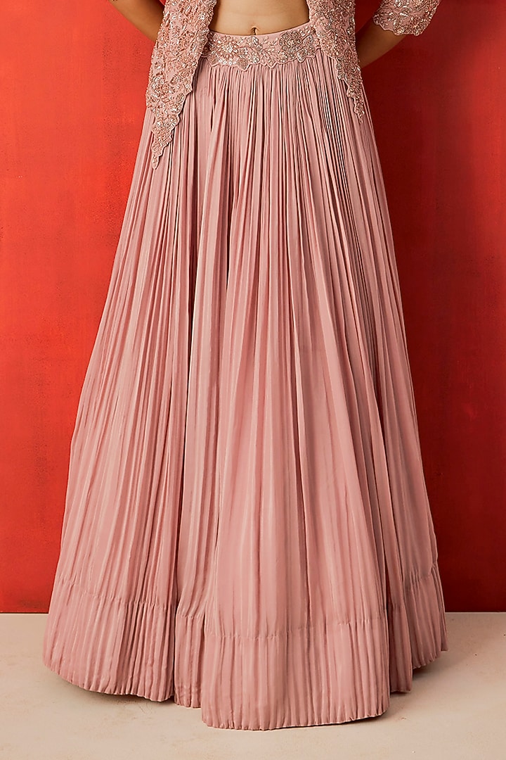 Dusky Pink Crepe Sequins Embellished Jacket Wedding Lehenga Set by Rishi & Soujit at Pernia's Pop Up Shop