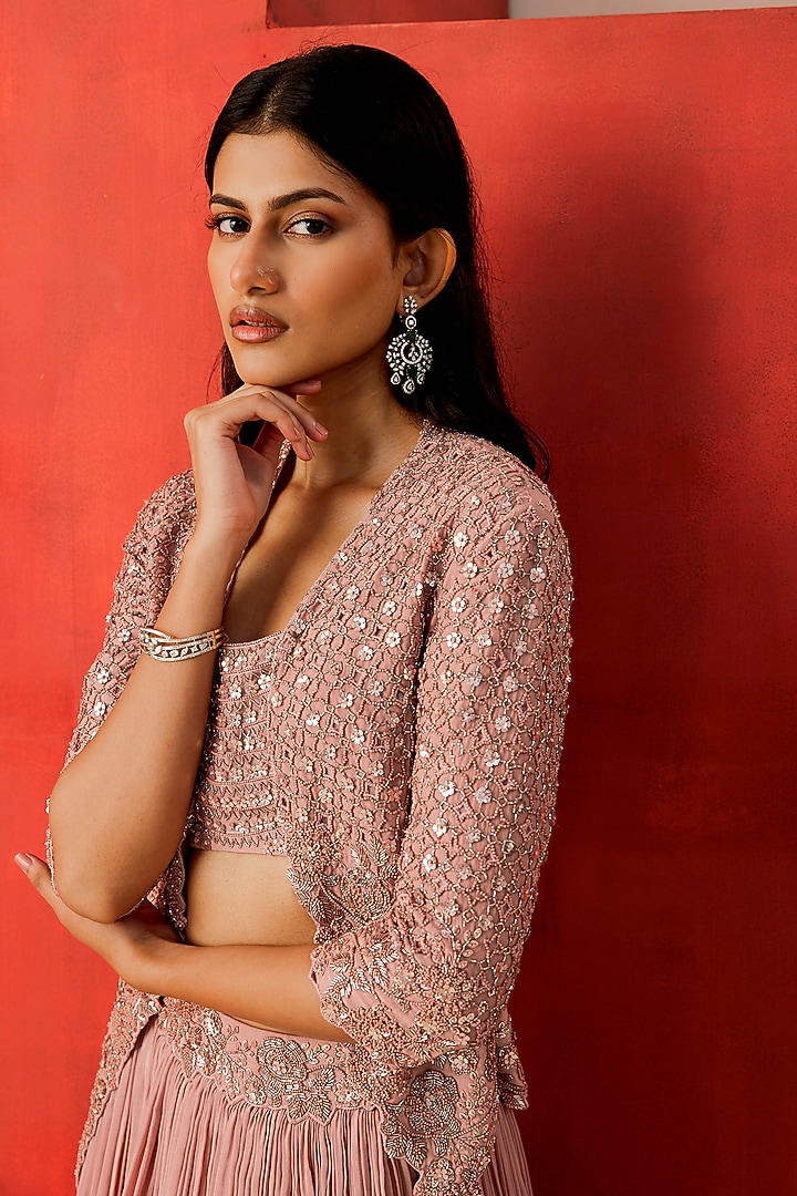 Dusky Pink Crepe Sequins Embellished Jacket Wedding Lehenga Set by Rishi & Soujit at Pernia's Pop Up Shop