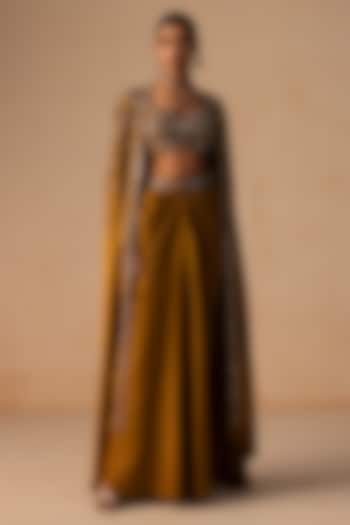 Dark Mustard Textured Jacquard Embellished Draped Skirt Set by Rishi & Soujit at Pernia's Pop Up Shop