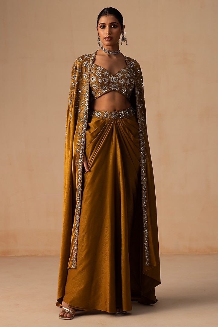Dark Mustard Textured Jacquard Embellished Draped Skirt Set by Rishi & Soujit at Pernia's Pop Up Shop