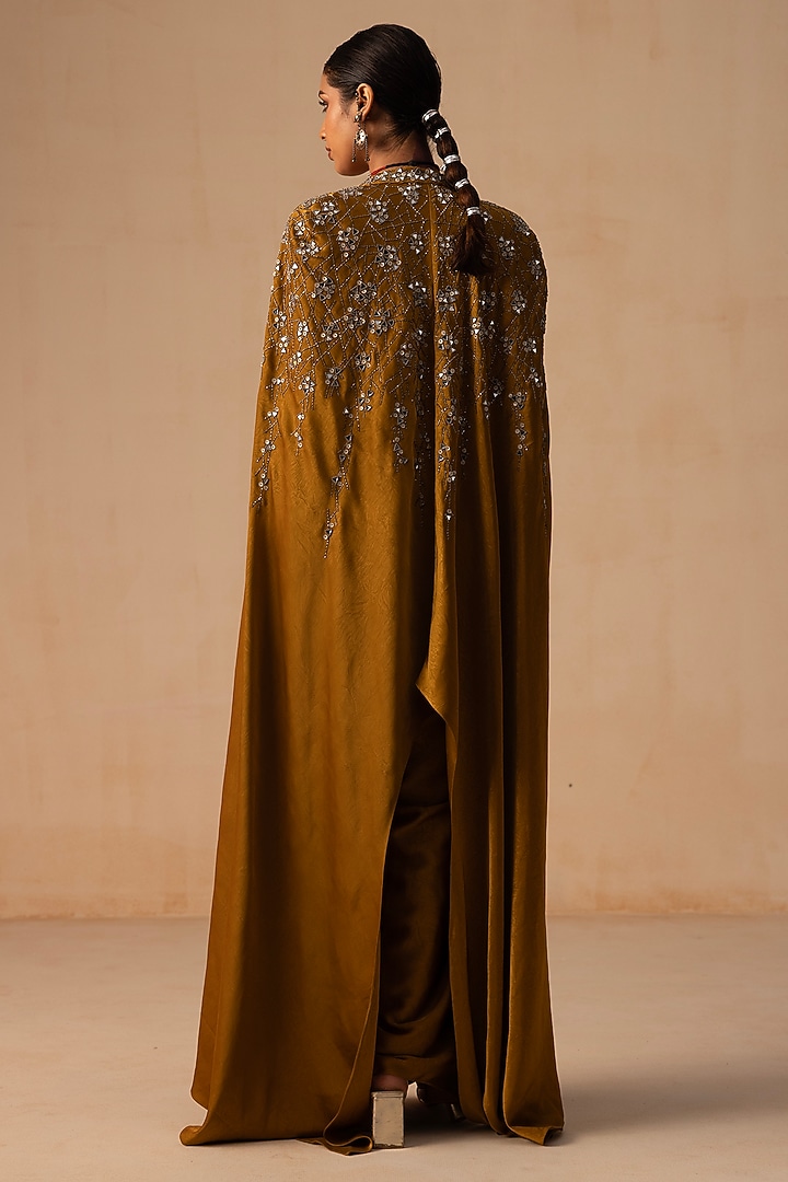 Dark Mustard Textured Jacquard Embellished Draped Skirt Set by Rishi & Soujit at Pernia's Pop Up Shop