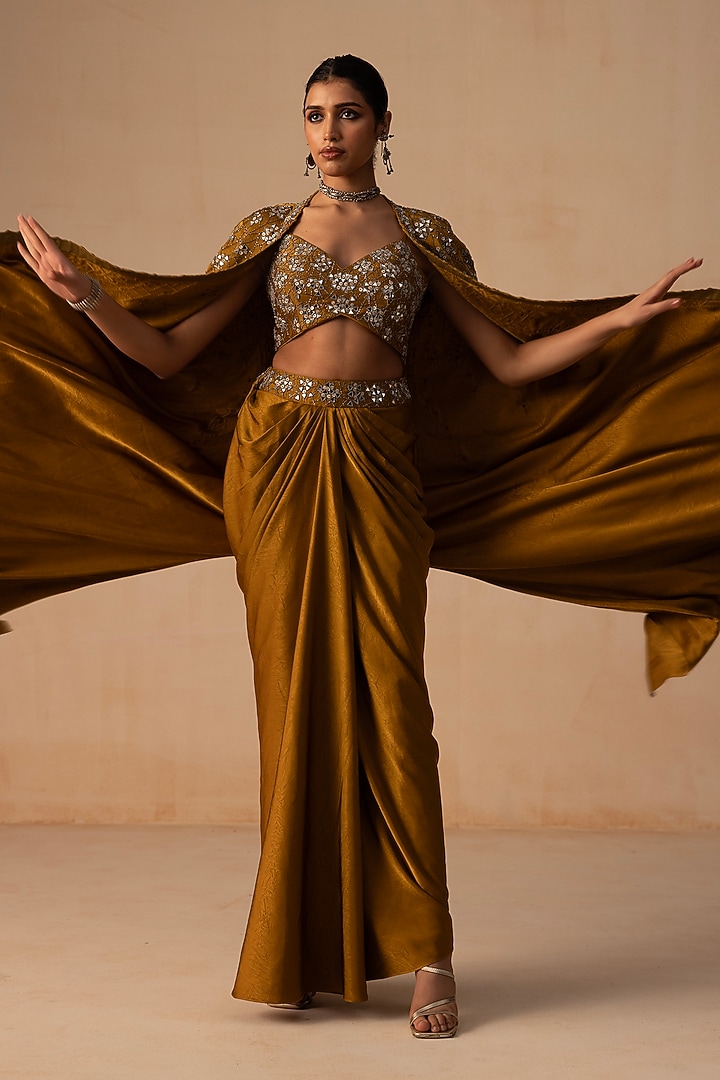 Dark Mustard Textured Jacquard Embellished Draped Skirt Set by Rishi & Soujit at Pernia's Pop Up Shop