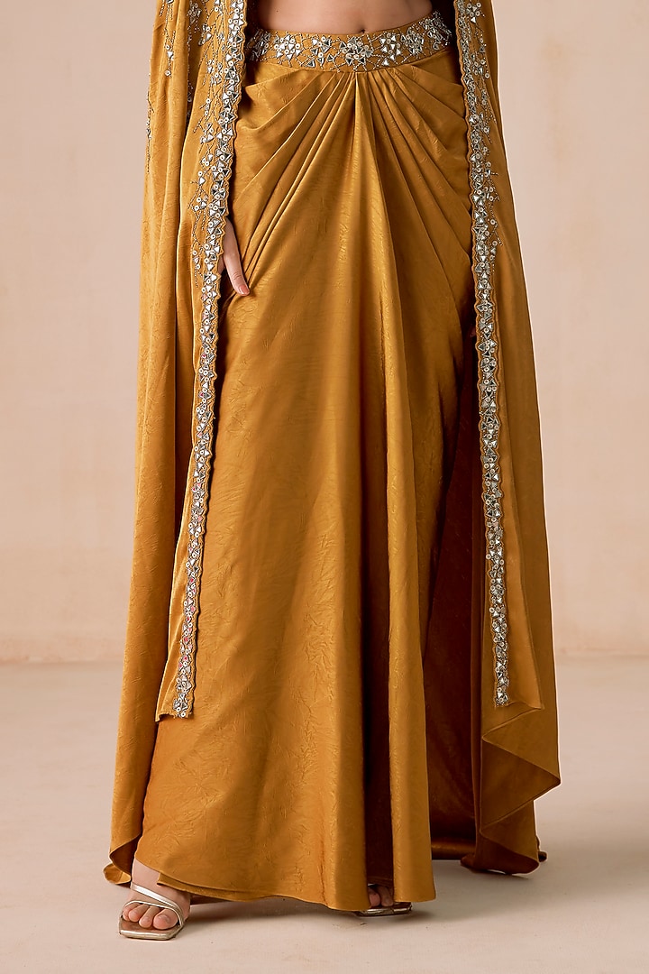 Dark Mustard Textured Jacquard Embellished Draped Skirt Set by Rishi & Soujit at Pernia's Pop Up Shop