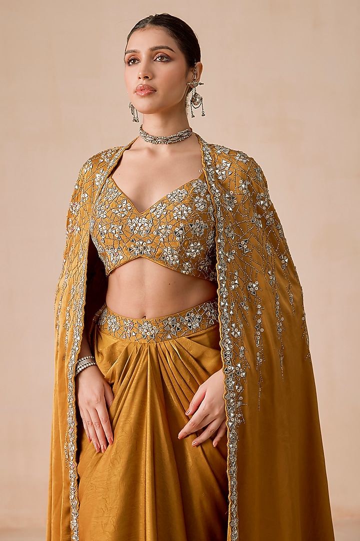 Dark Mustard Textured Jacquard Embellished Draped Skirt Set by Rishi & Soujit at Pernia's Pop Up Shop