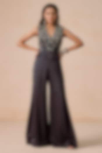 Navy Blue Textured Jacquard Embellished Flared Pant Set by Rishi & Soujit at Pernia's Pop Up Shop