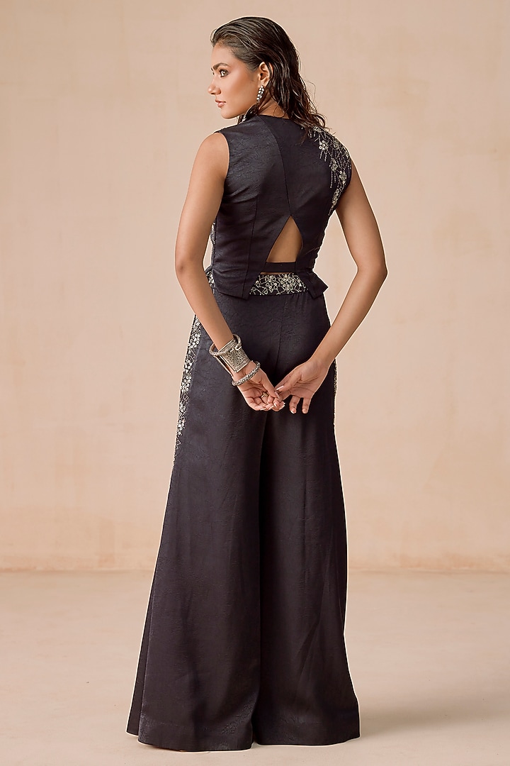 Navy Blue Textured Jacquard Embellished Flared Pant Set by Rishi & Soujit at Pernia's Pop Up Shop