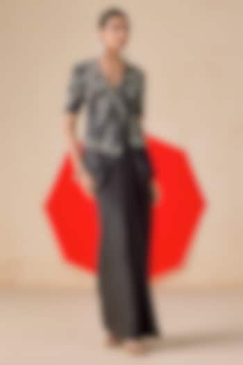 Navy Blue Textured Jacquard Sequins Embroidered Draped Skirt Set by Rishi & Soujit at Pernia's Pop Up Shop