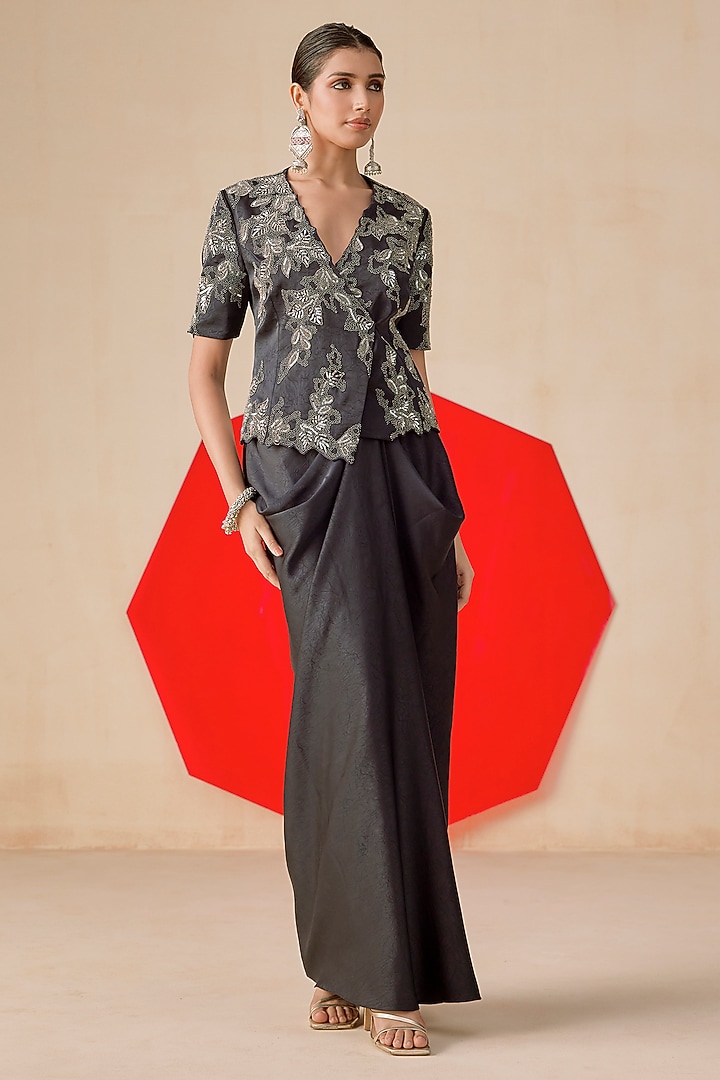 Navy Blue Textured Jacquard Sequins Embroidered Draped Skirt Set by Rishi & Soujit at Pernia's Pop Up Shop