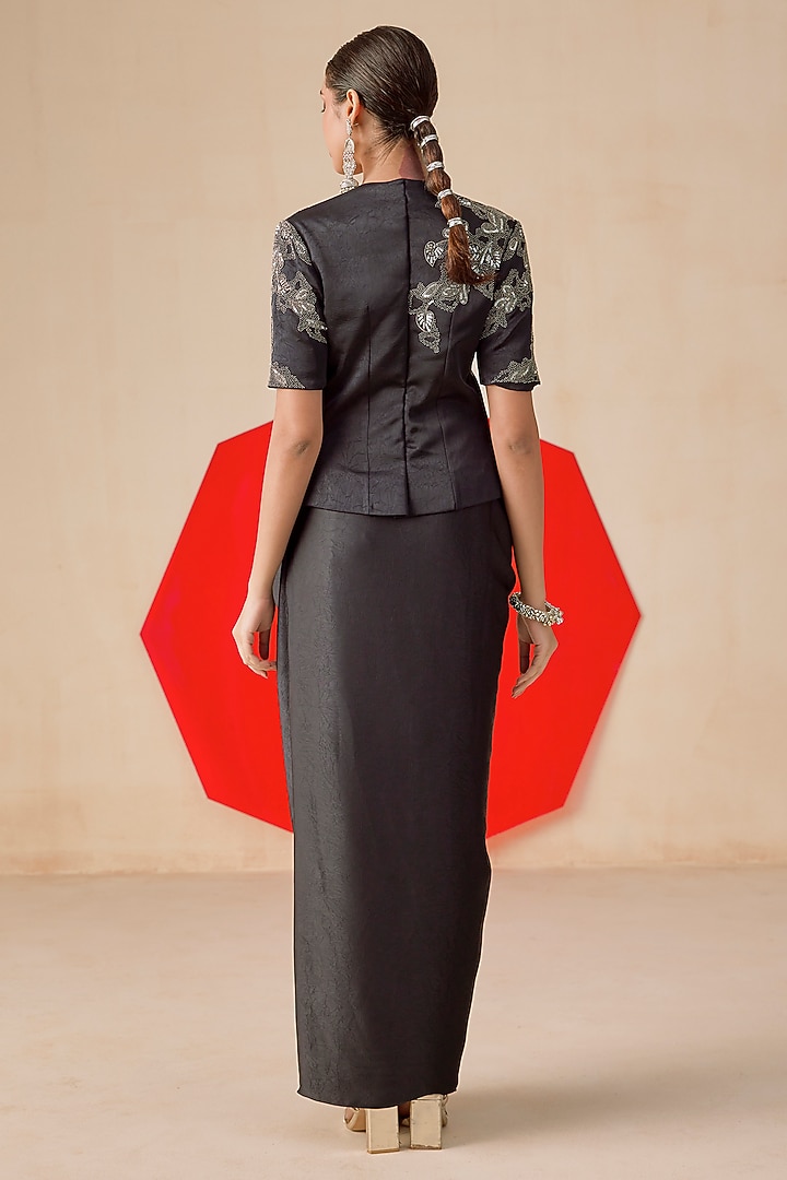 Navy Blue Textured Jacquard Sequins Embroidered Draped Skirt Set by Rishi & Soujit at Pernia's Pop Up Shop