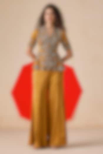 Dark Mustard Textured Jacquard Hand Embroidered Flared Pant Set by Rishi & Soujit at Pernia's Pop Up Shop