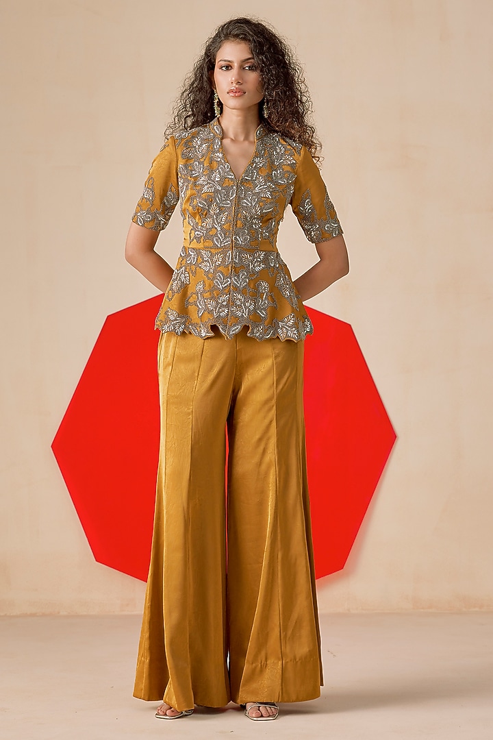 Dark Mustard Textured Jacquard Hand Embroidered Flared Pant Set by Rishi & Soujit at Pernia's Pop Up Shop