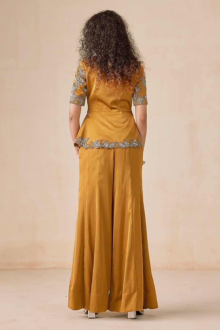 Dark Mustard Textured Jacquard Hand Embroidered Flared Pant Set by Rishi & Soujit at Pernia's Pop Up Shop