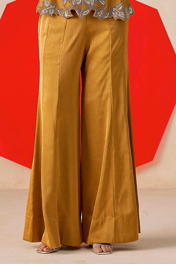 Dark Mustard Textured Jacquard Hand Embroidered Flared Pant Set by Rishi & Soujit at Pernia's Pop Up Shop