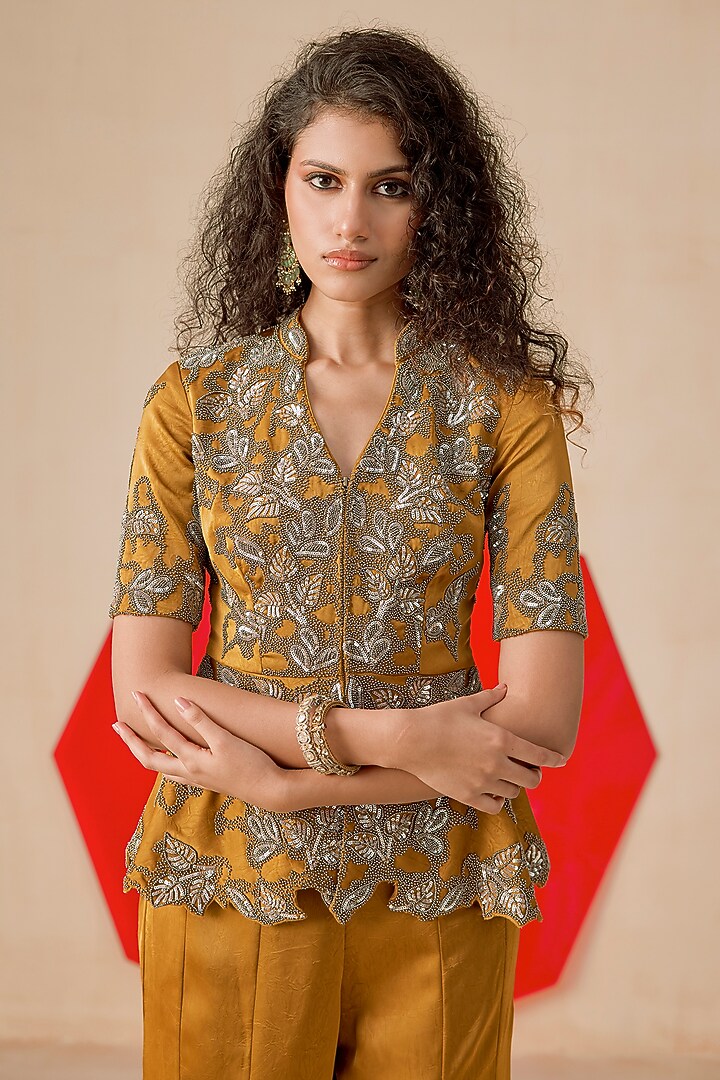 Dark Mustard Textured Jacquard Hand Embroidered Flared Pant Set by Rishi & Soujit at Pernia's Pop Up Shop