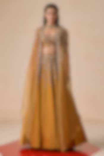 Dark Mustard Textured Jacquard Cutdana Hand Embroidered Wedding Lehenga Set by Rishi & Soujit at Pernia's Pop Up Shop