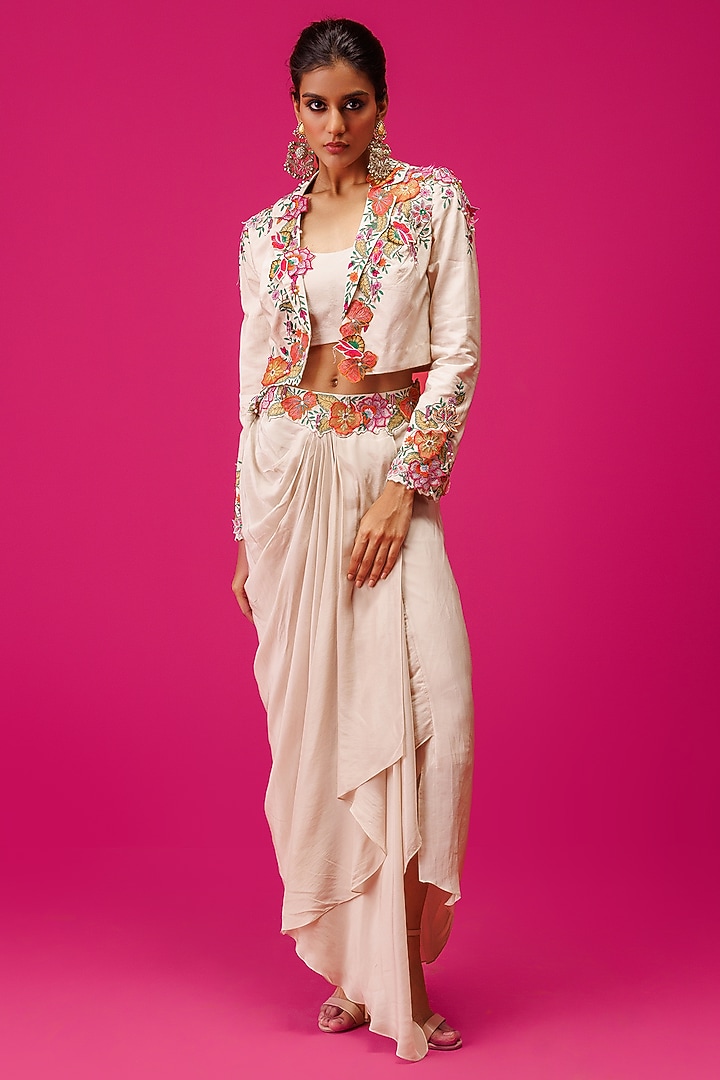 Ivory Crepe Draped Skirt Set by Rishi & Soujit at Pernia's Pop Up Shop
